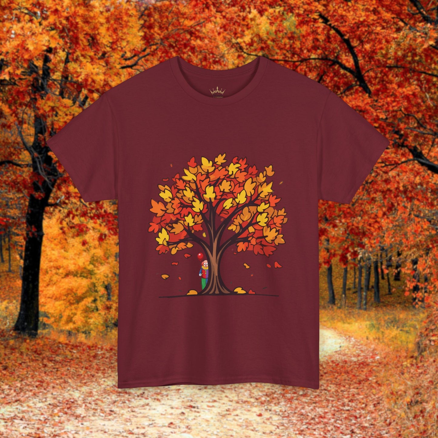 Autumn Tree Clown Tee, Unisex Cotton Shirt, Fall Fashion, Nature Lover Gift, Seasonal Wear, Thanksgiving Apparel